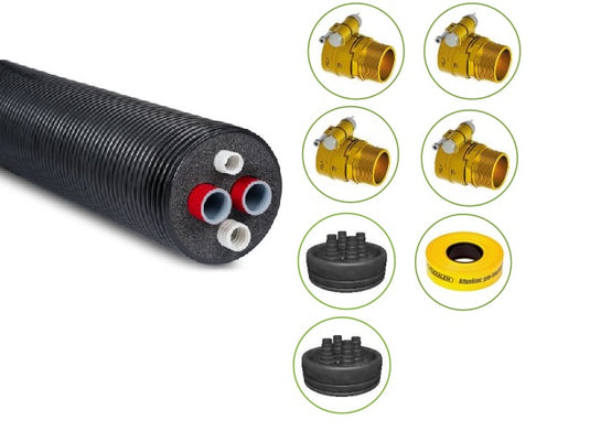 Fernwärmeleitung 15m 2x DA50mm DN40 und 2x Leerrohre 32/25mm, Mantel 160mm Flexalen600HP Set inkl. Anschlusszubehör